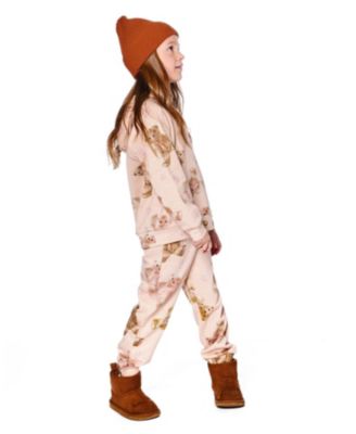 Big Girls Glittering French Terry Hoodie Beige Teddy Bear Print