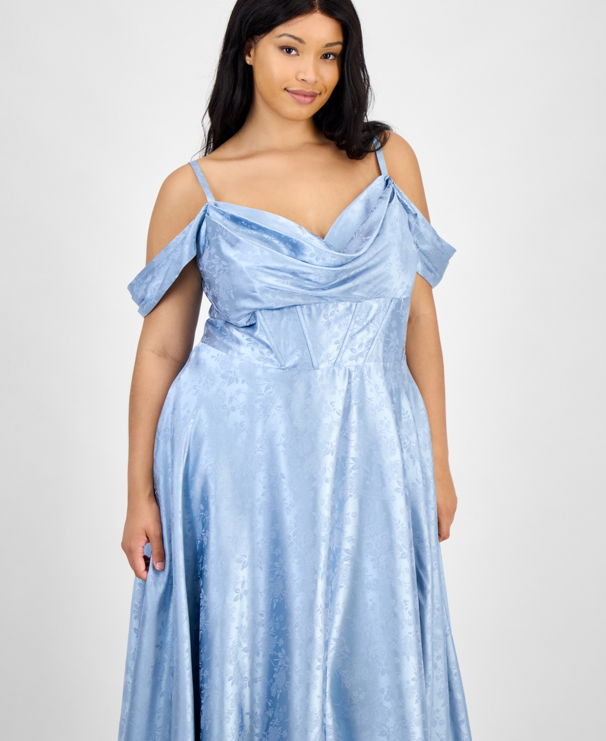 B Darlin Trendy Plus Size Off-the-shoulder Satin Jacquard Gown In Blue