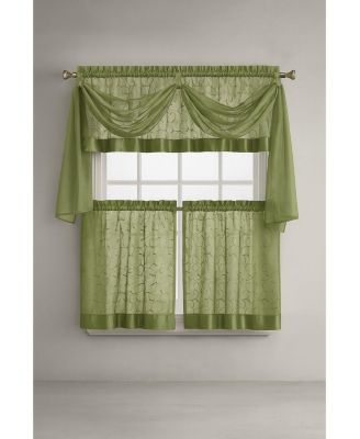 Living Complete 4 Piece Linen Leaf Embroidered Complete Kitchen Curtain Set - 58 in. W x 36 in. L, Gold