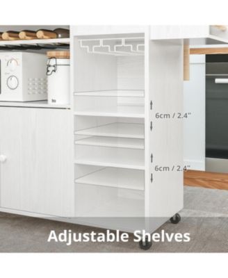 Rolling Kitchen Island Cart with Drop-Leaf and Wine Rack, White