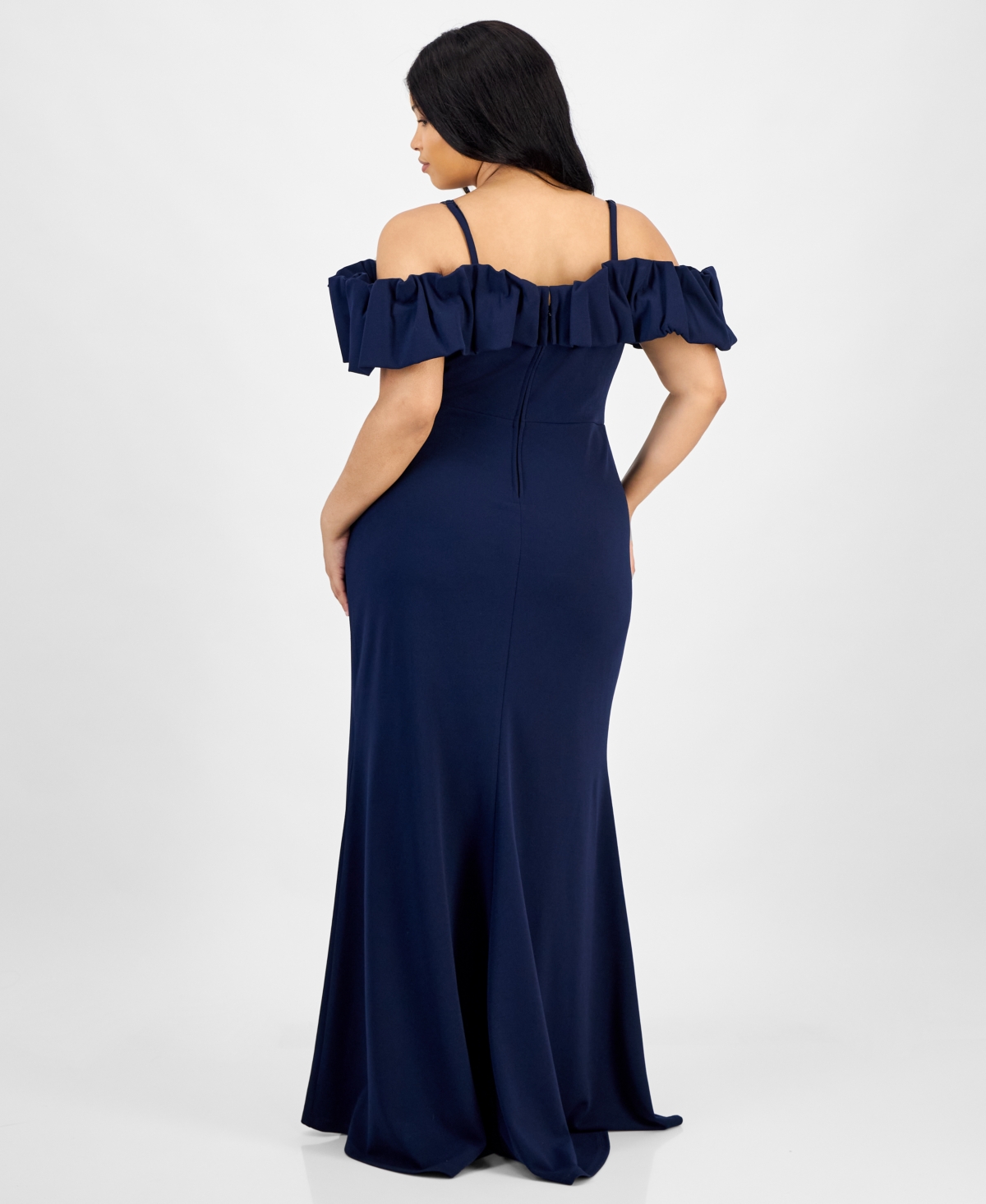 City Studios Trendy Plus Size Bubble-trim Cold-shoulder Scuba Gown In Blue