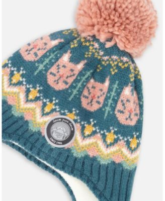 Girl Lined Peruvian Knit Pompom Hat Green and Pink - Toddler|Child