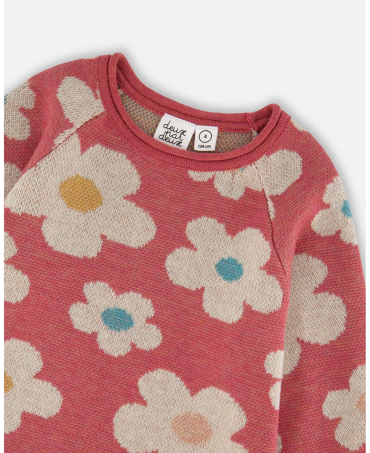 Deux par Girl Knitted Dress with Flower Jacquard Old Pink and Beige - Child