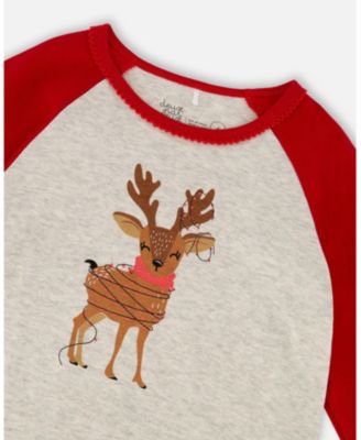 Girl Cotton Two-Piece Pajamas Beige Girly Reindeer Print - Child