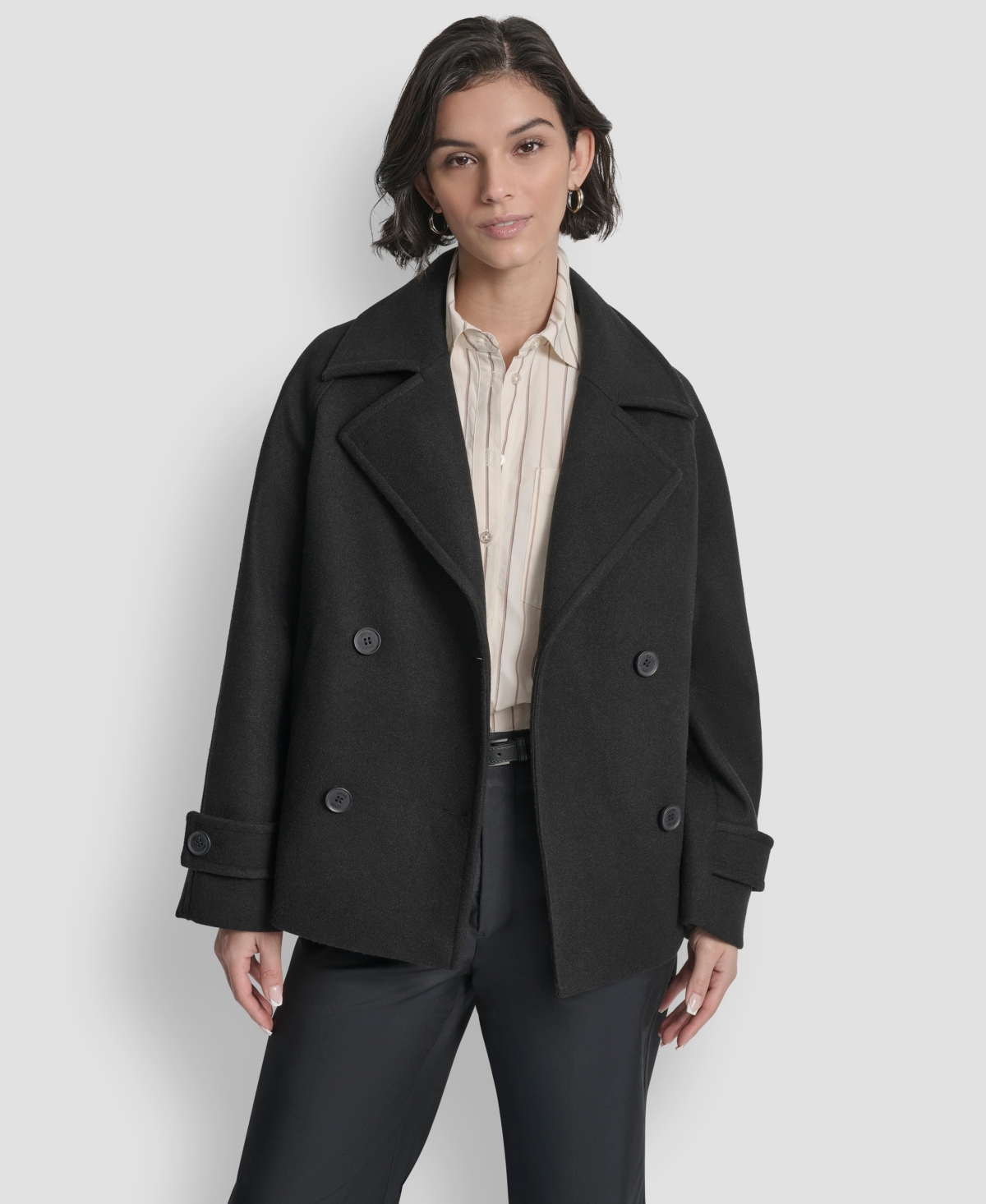 Dkny Petite Short Double Breasted Collared Coat In Black