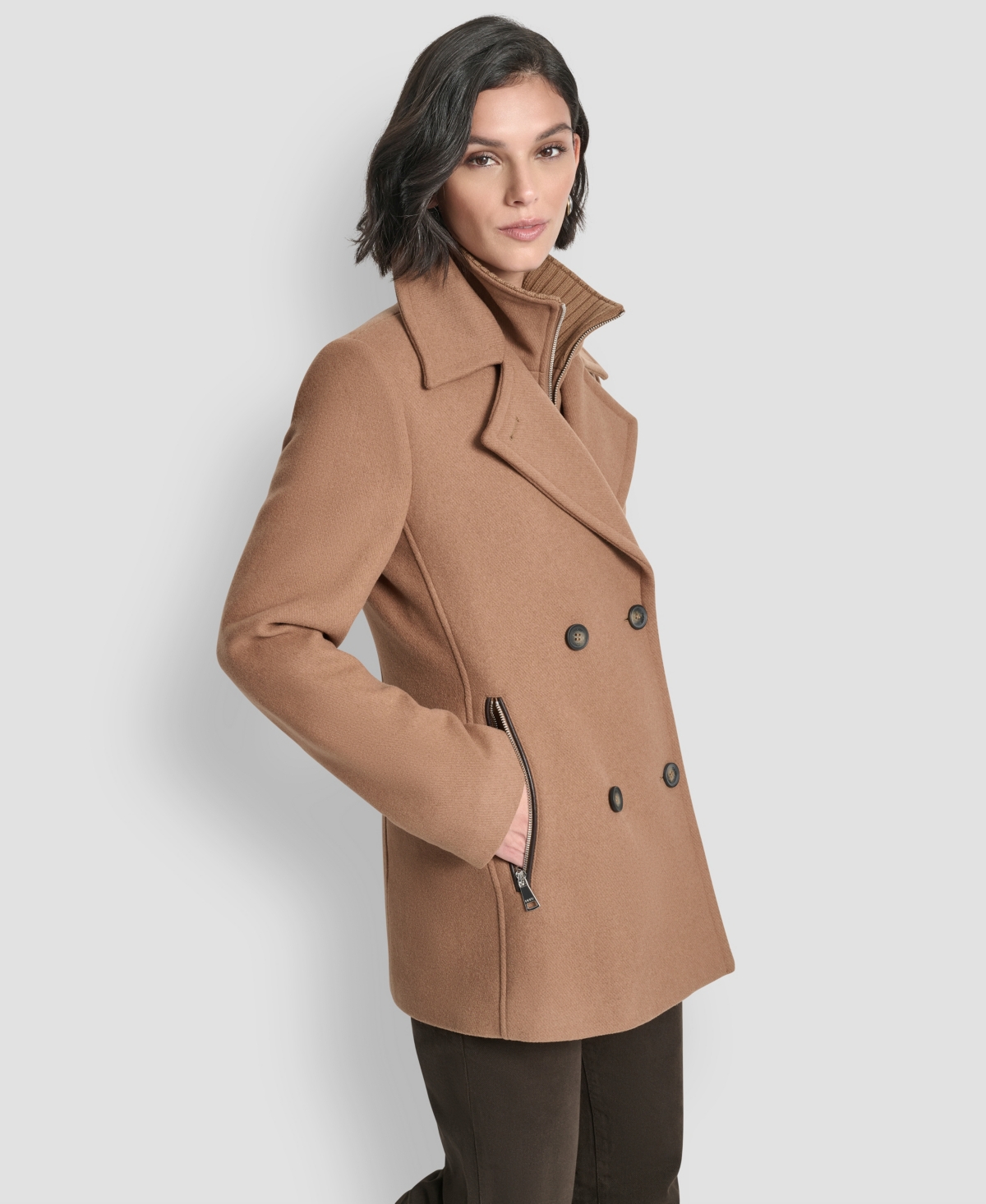 Dkny Womens Short Double Breasted Collared Coat P Xs Xxl In Brown