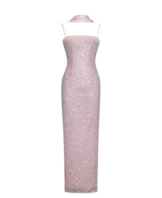 Women Raizel Pink Beaded Sequin Bodycon Gown with Scarf
