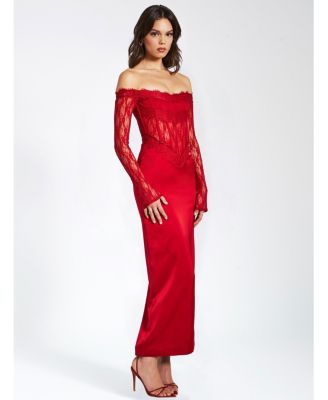 Women's Nessa Red Lace Satin Corset Maxi Dress