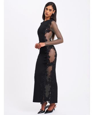 Women's Bailey Lace Trim Crystal Net Cutout Long Sleeve Gown