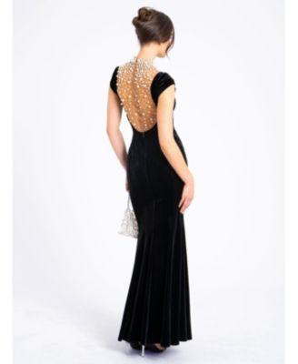Women Rachael Black Velvet Pearl Embellished Gown