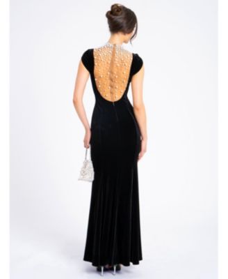 Women Rachael Black Velvet Pearl Embellished Gown