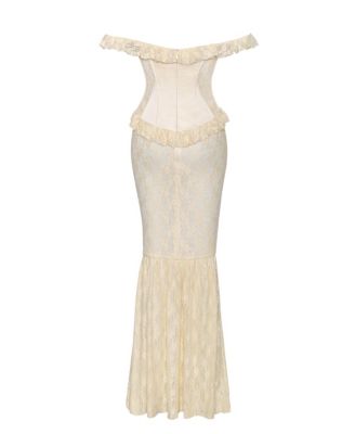 Women's Ersilia Pale Yellow Satin Lace Peplum Corset Off Shoulder Maxi Dress