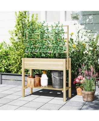 Wooden Raised Planter with Trellis, Garden Box with Storage Shelf