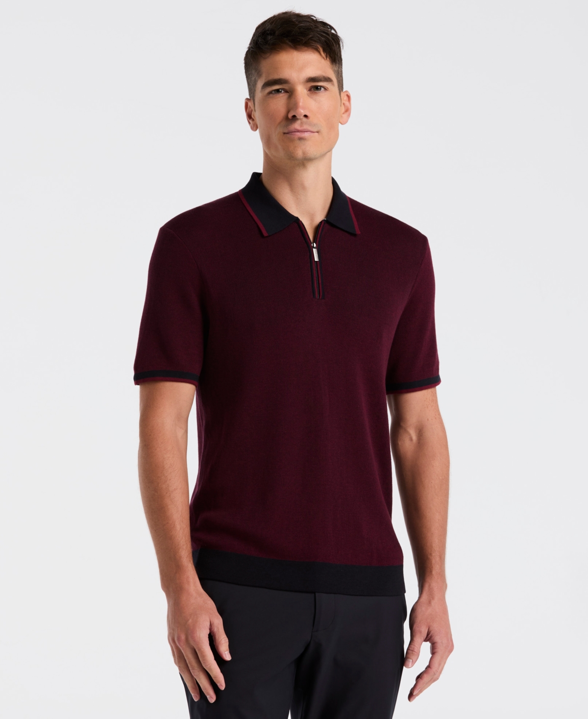 Perry Ellis Men's Slim-fit Ribbed-knit 1/4-zip Polo Shirt In Red