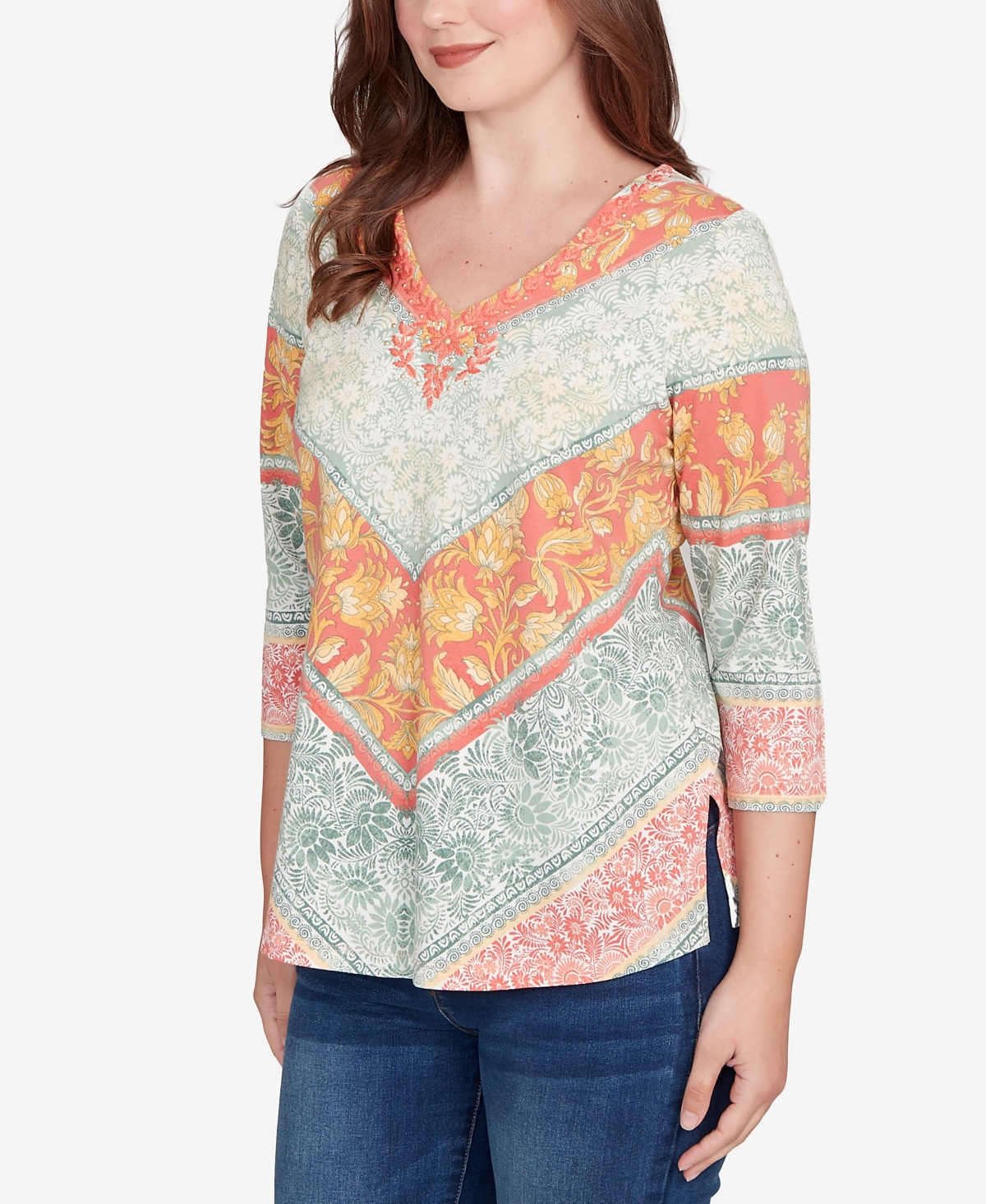Ruby Rd. Petite Embellished Floral Chevron Knit Top In Green