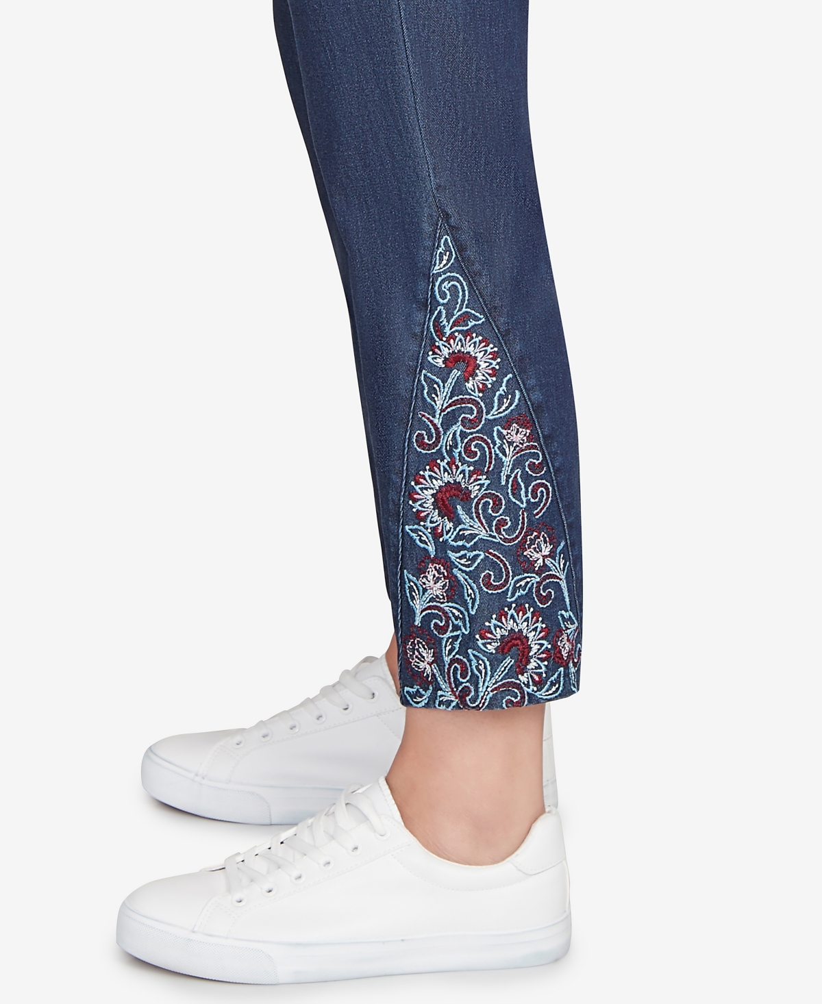 Ruby Rd. Petite Stretch Denim Embroidered Ankle Jeans In Blue