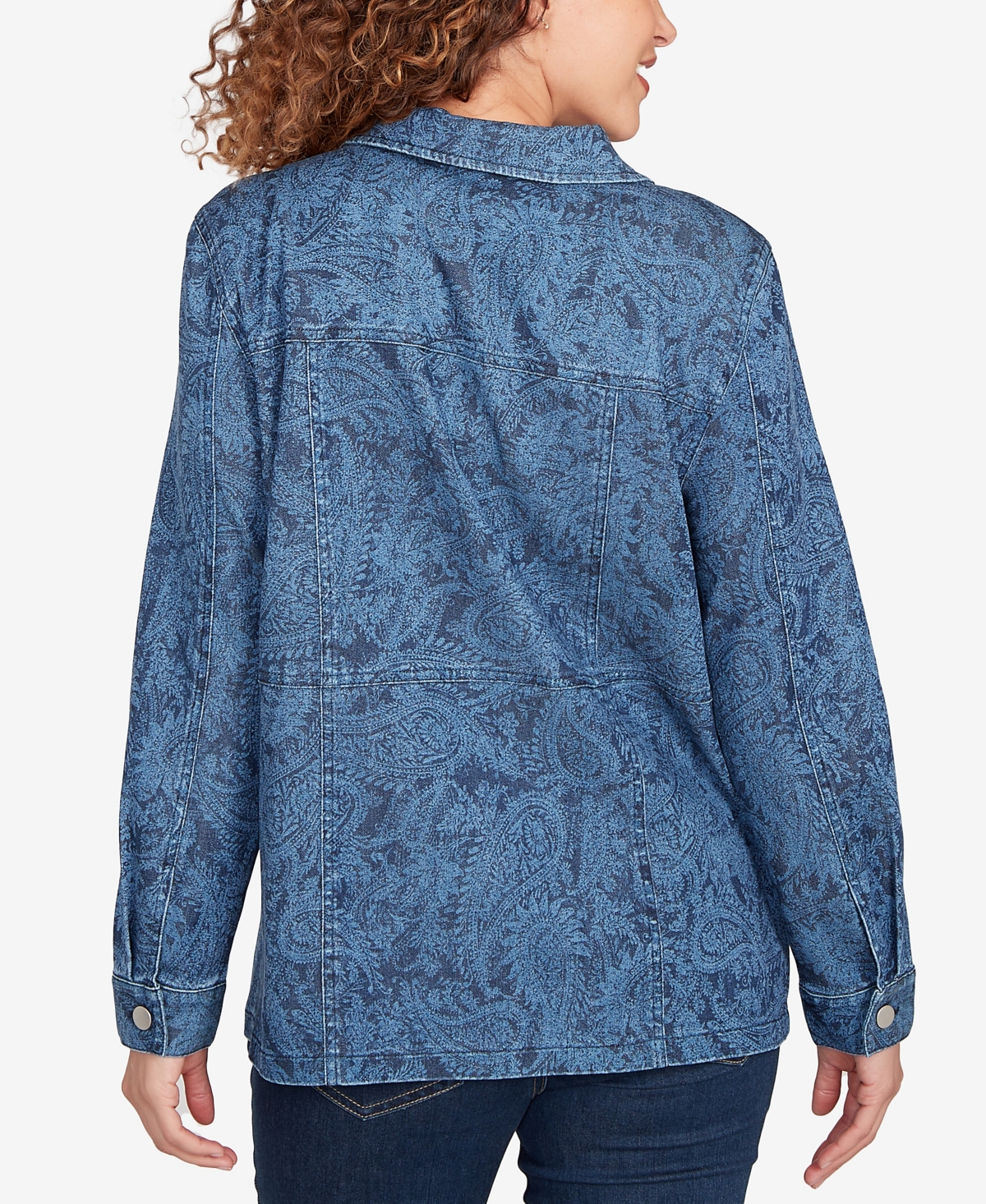 Ruby Rd. Petite Paisley Stretch Denim Utility Jacket In Blue