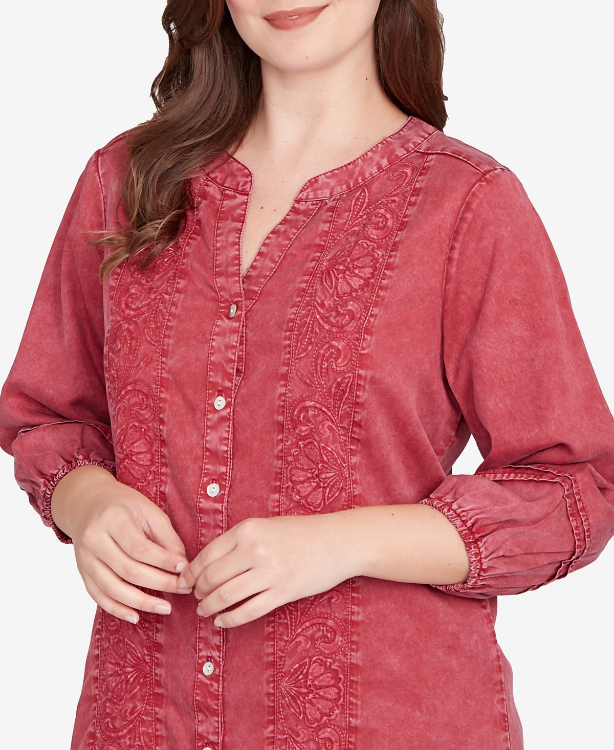 Ruby Rd. Petite Artisan Embroidered Button Front Top In Red
