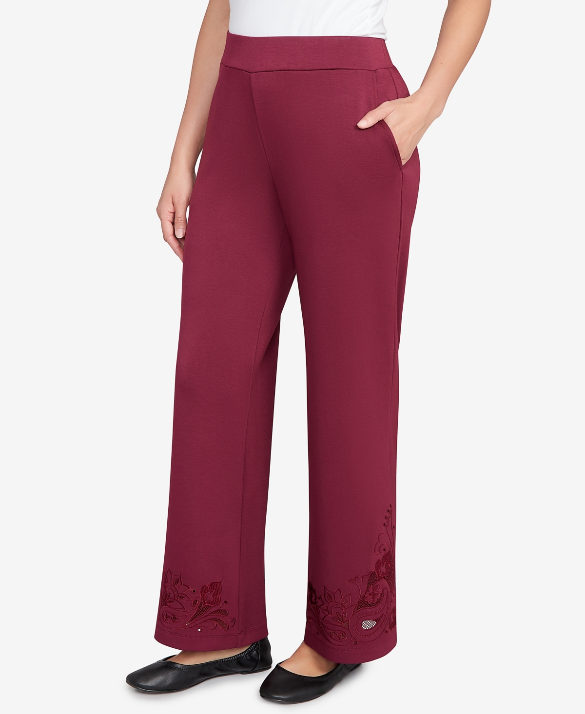 Ruby Rd. Petite Wide Leg Floral Cutout Pants In Red