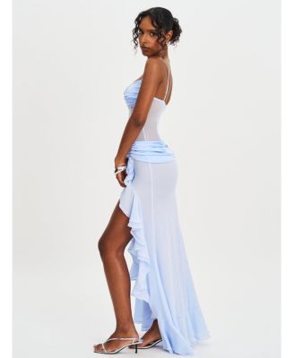 Women Lacy Blue Ruched Breast High Slit Chiffon Dress