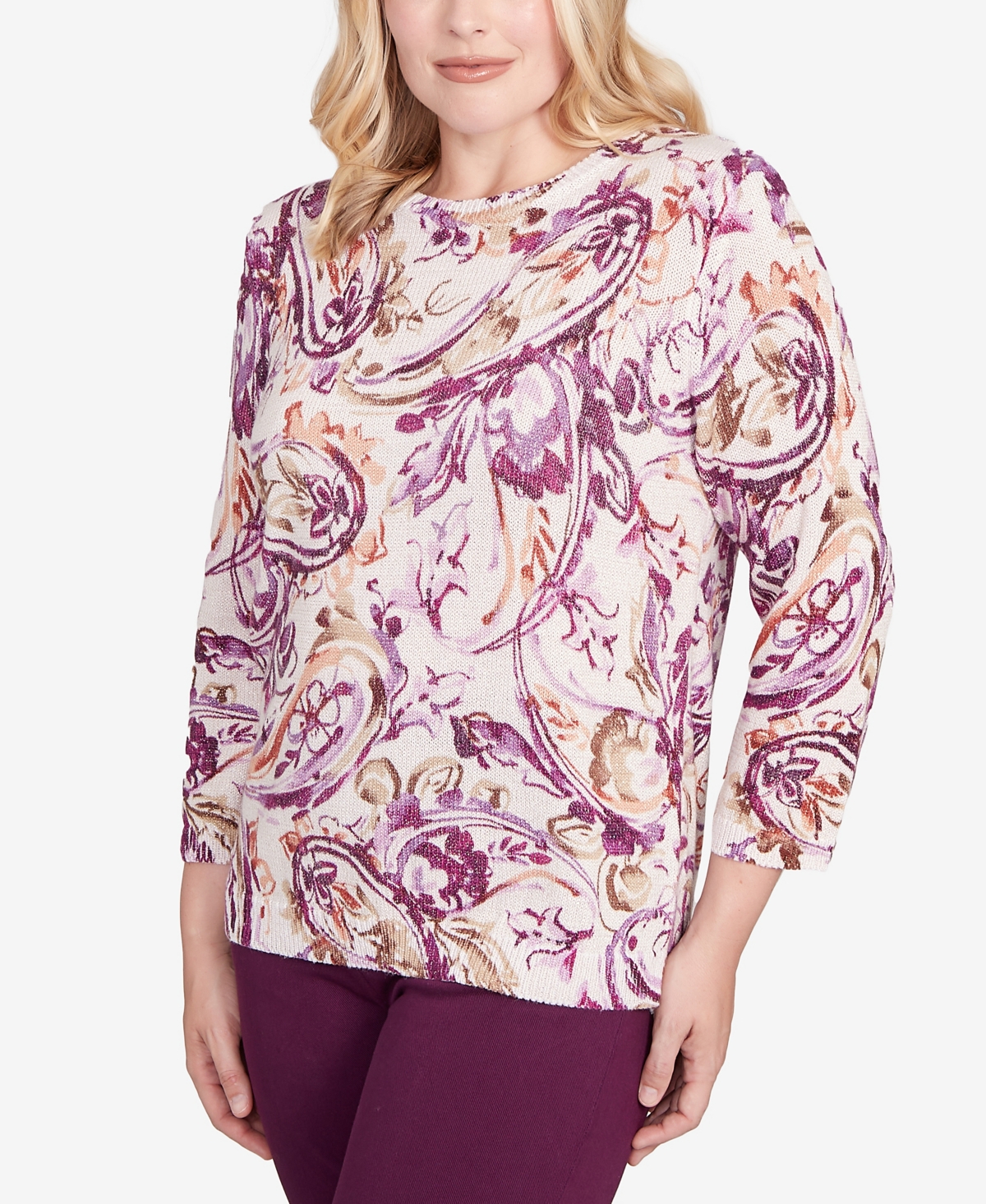 Alfred Dunner Petite Urban Legend Shimmer Paisley Crew Neck Sweater