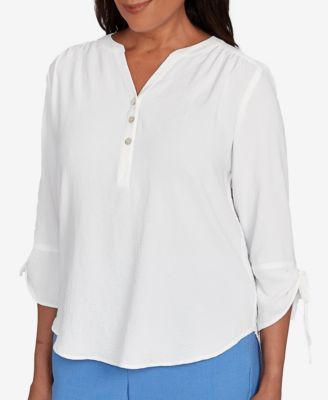 Petite Tie Sleeve Crinkle Textured Henley Top