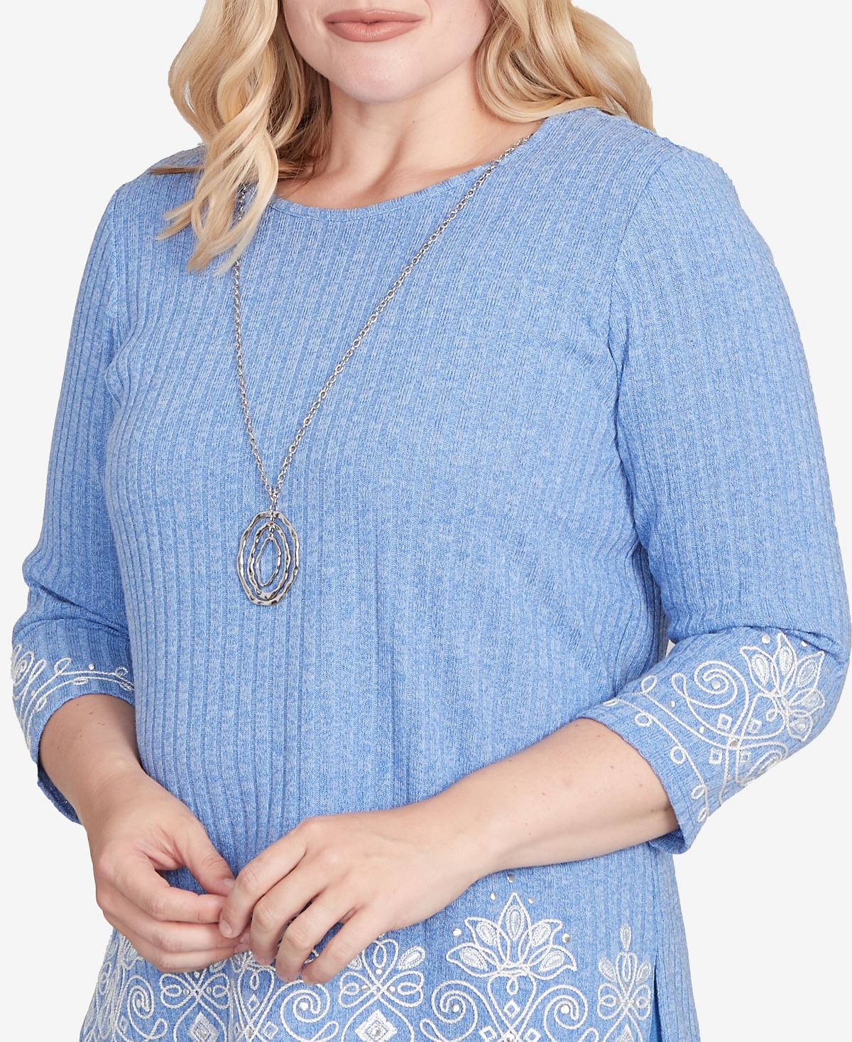 Alfred Dunner Petite Medallion Bordered Periwinkle Top With Necklace In Blue