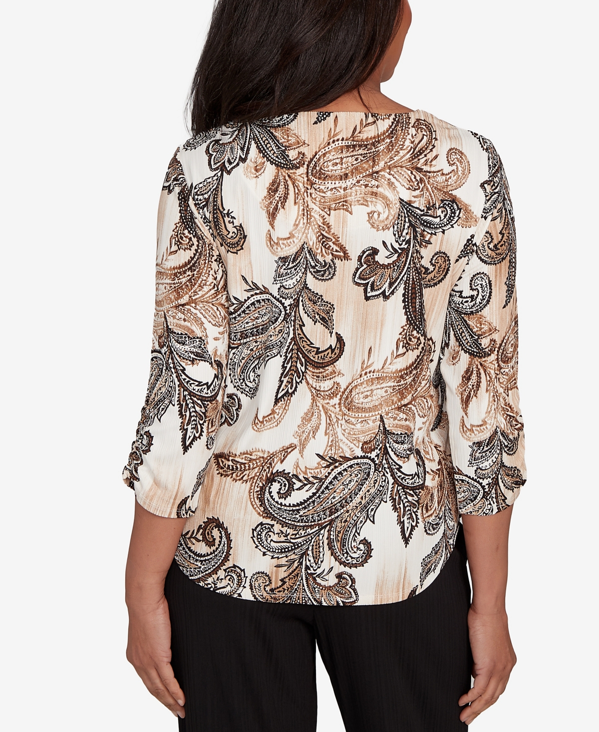 Alfred Dunner Petite Textured Paisley Ruched Sleeves Top In Brown