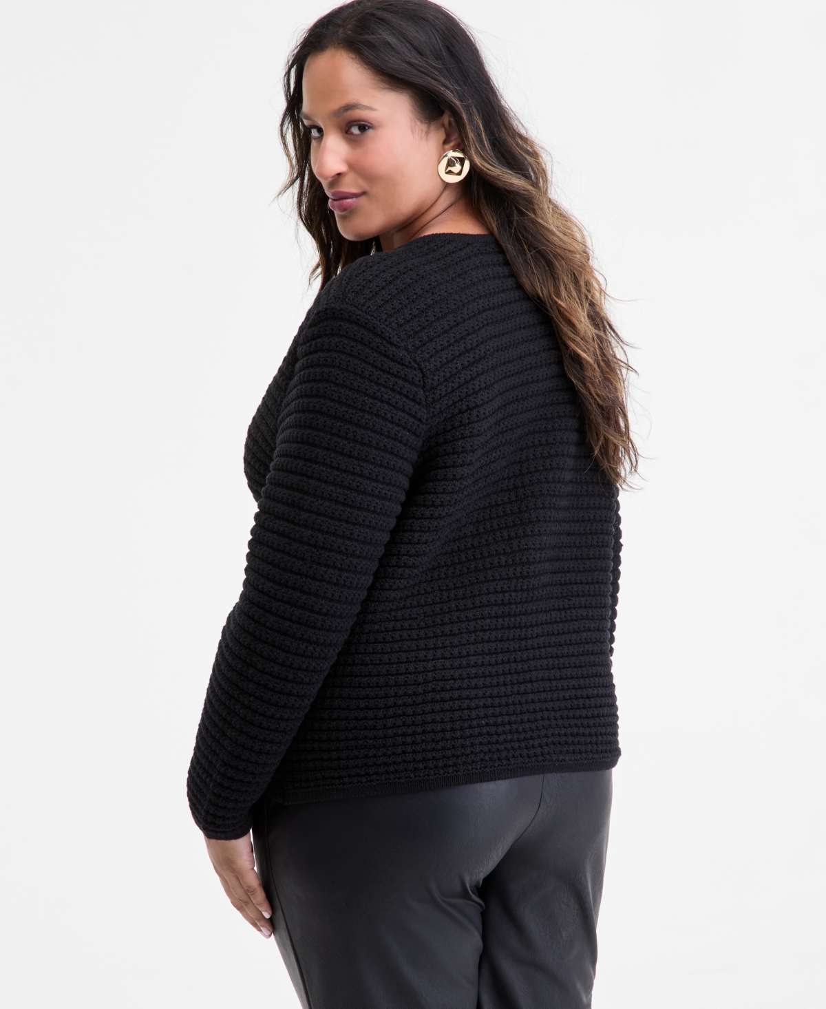 Inc International Concepts Plus Size Textured Button-front Cardigan, Macy's Exclusive In Black