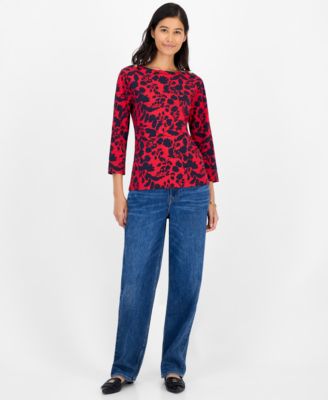 Women's Floral Print Button-Trim 3/4-Sleeve Top
