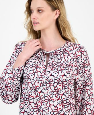 Women's Ribbon-Print Tie-Front Blouse