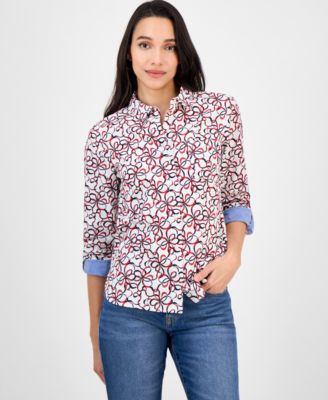 Nautica be Women’s Ribbon-Print Roll Tab Shirt