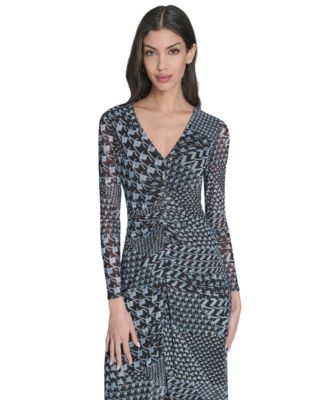 Women's Long-Sleeve Printed-Mesh Midi Dress