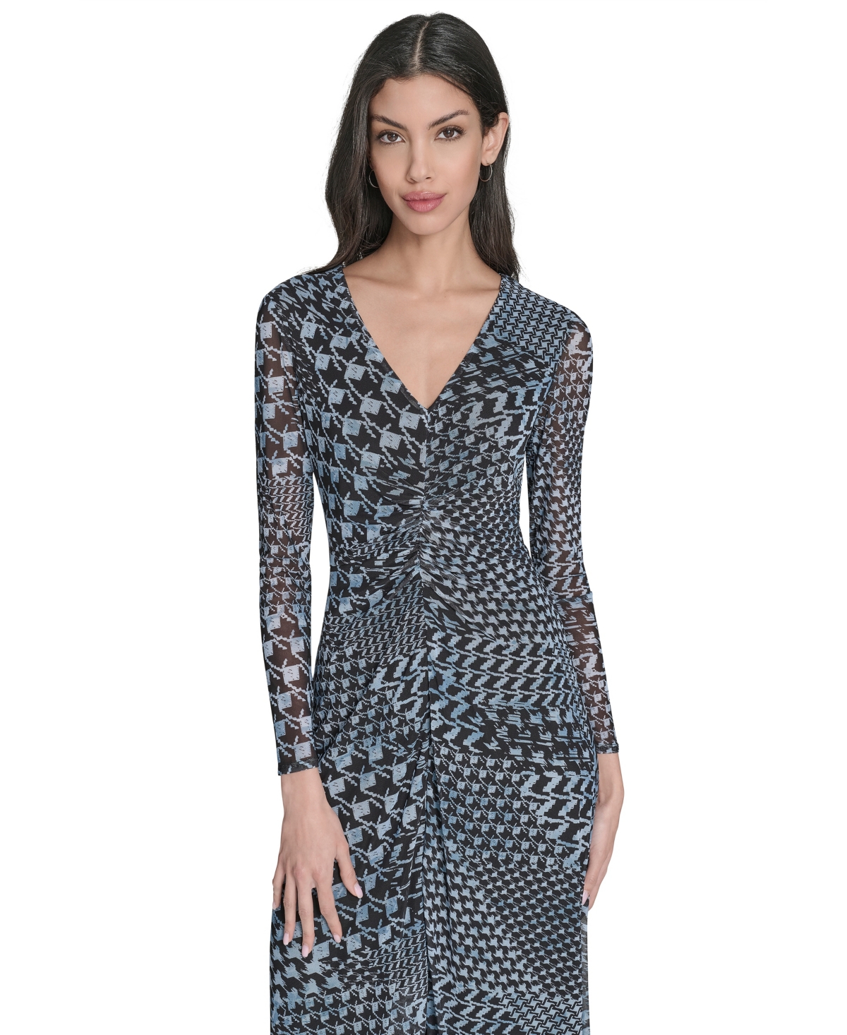 Eliza J Women's Long-sleeve Printed-mesh Midi Dress In Gray