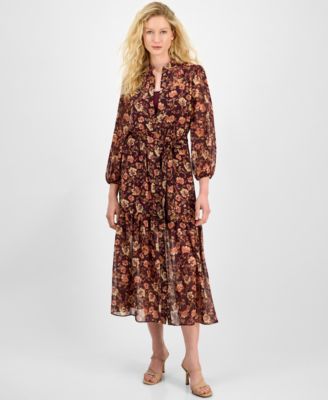 julia jordan - Women's Floral Chiffon Tie-Waist 3/4-Sleeve Dress