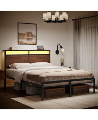 Queen/Full Size Bed Frame w/Storage Headboard Charging Station LED Light No Box Spring Needed, Queen