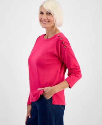 Petite Cotton Long-Sleeve Scoop-Neck Top, Macy's Exclusive