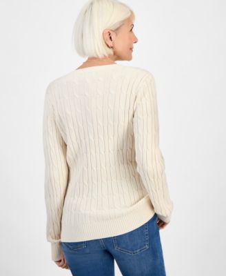 Petite Cotton Cable-Knit V-Neck Sweater