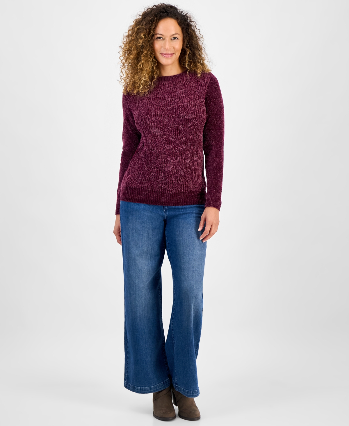 Style & Co Petite Chenille Cable Knit Sweater, Macy's Exclusive In Burgundy