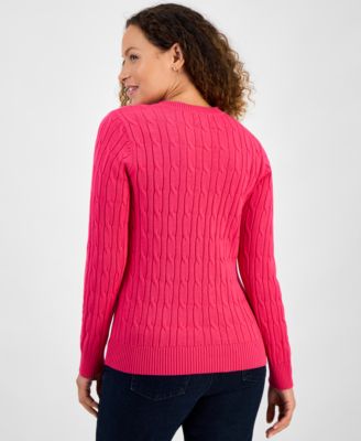 Petite Cotton Cable-Knit V-Neck Sweater, Created for Macy's 