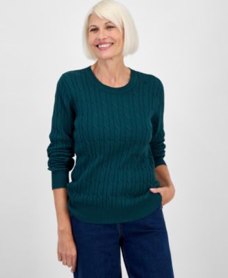 Petite Cotton Cable-Knit Crewneck Sweater, Created for Macy's 