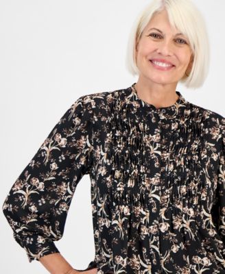 Petite Floral Pleated-Bib Blouse, Macy's Exclusive