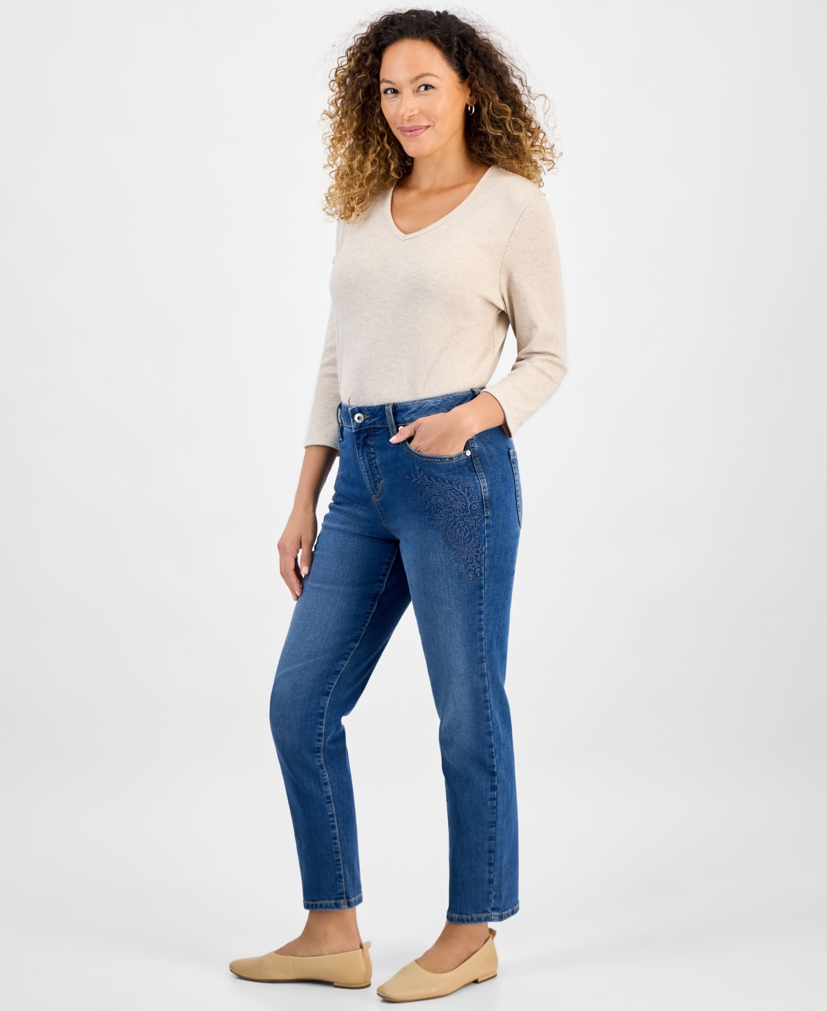 Style & Co Petite Embroidered High-Rise Straight-Leg Jeans, Macy's Exclusive