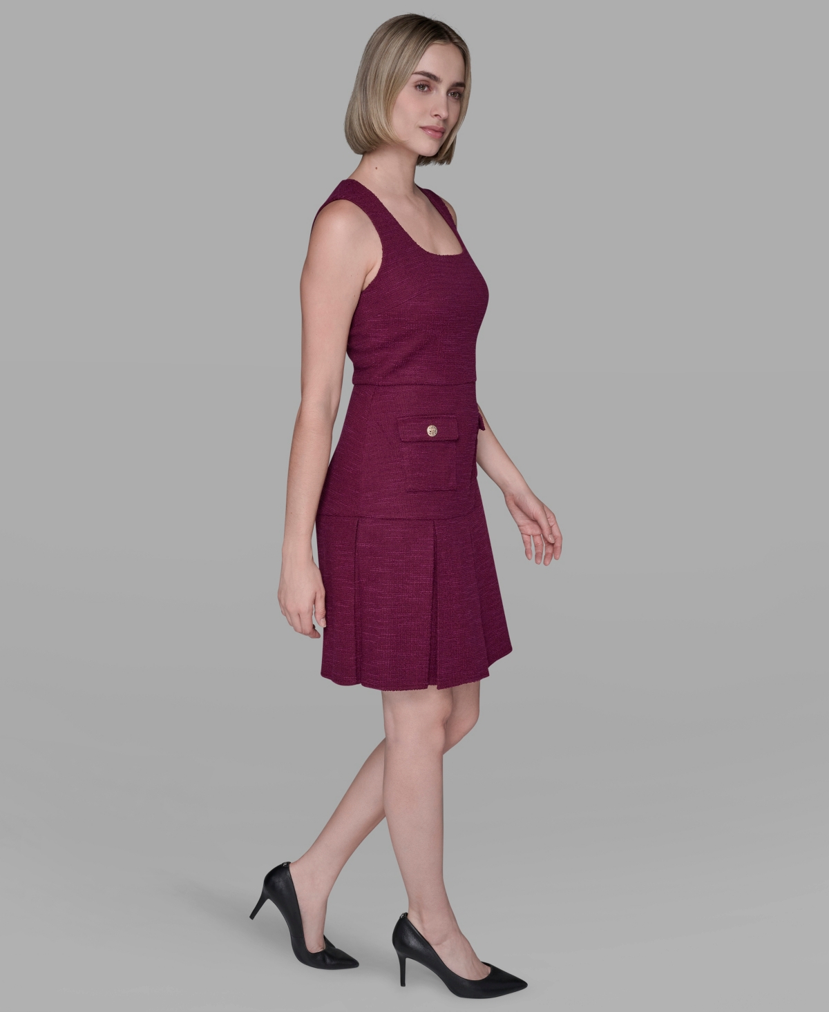 Karl Lagerfeld Textured Tweed Square Neck Mini Dress In Burgundy