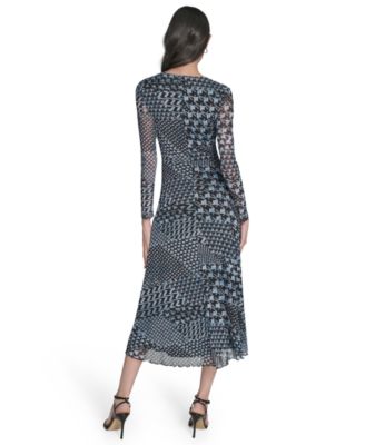 Women's Long-Sleeve Printed-Mesh Midi Dress