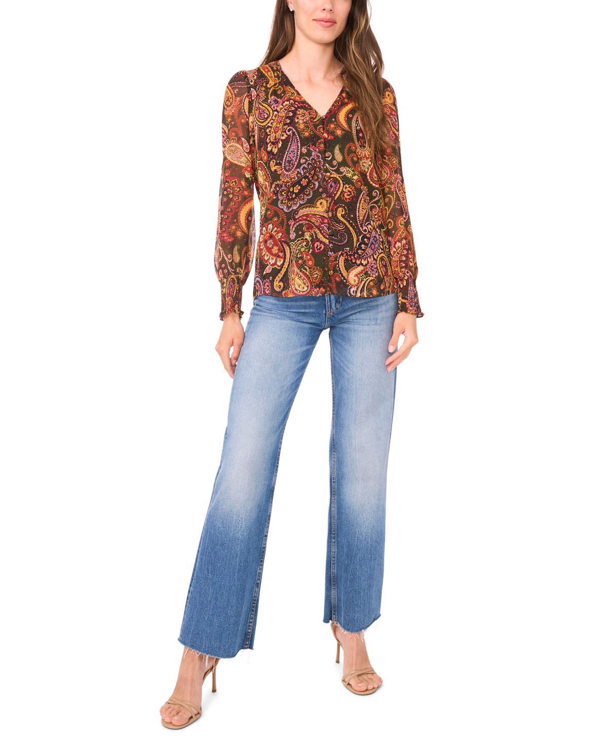 Sam & Jess Petite Smocked Shoulder V-neck Blouse Top In Green