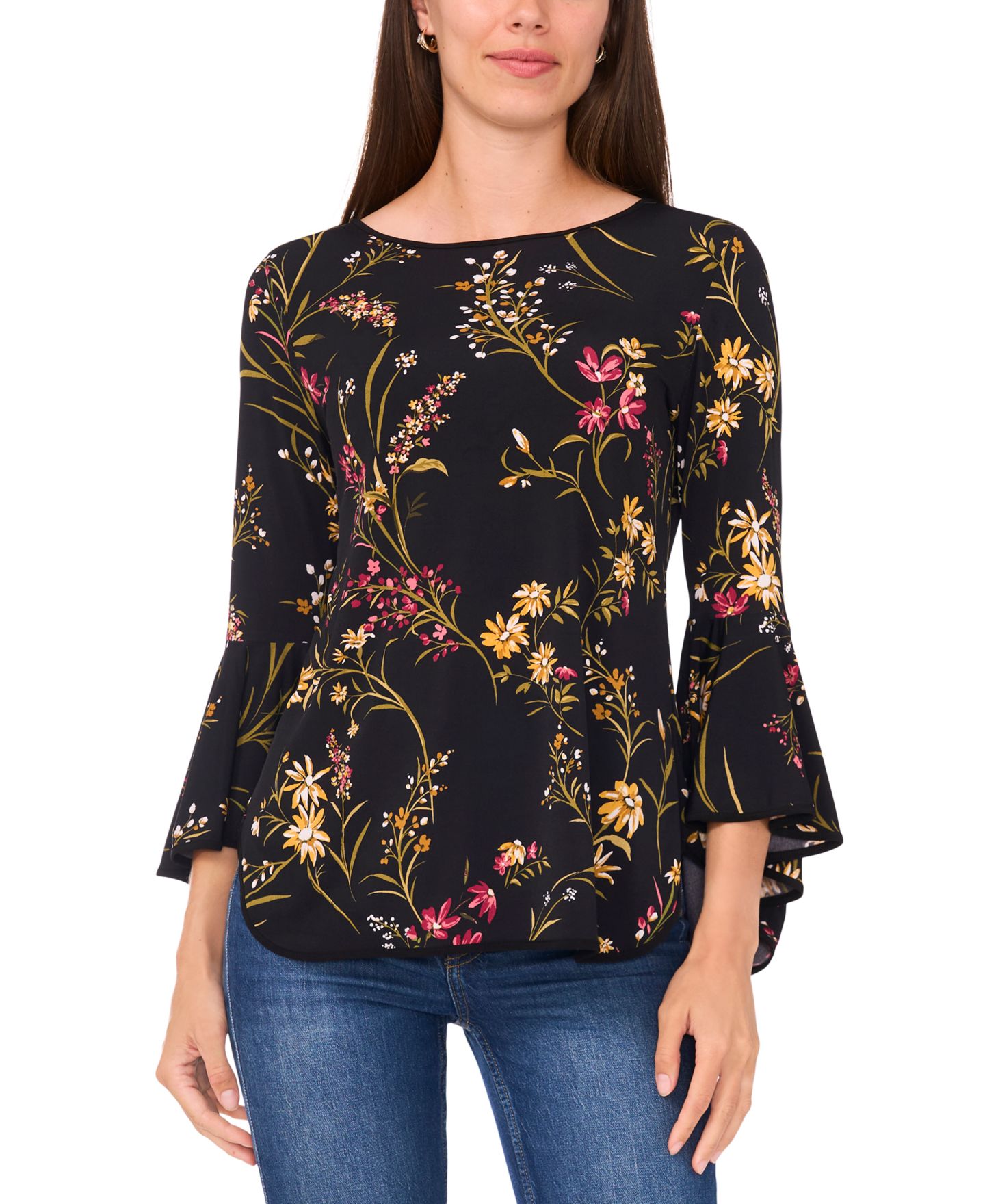 Женская блузка Sam & Jess Printed Crewneck 3/4-Bell-Sleeve Blouse, цвет: Чёрный с принтом — фото 1