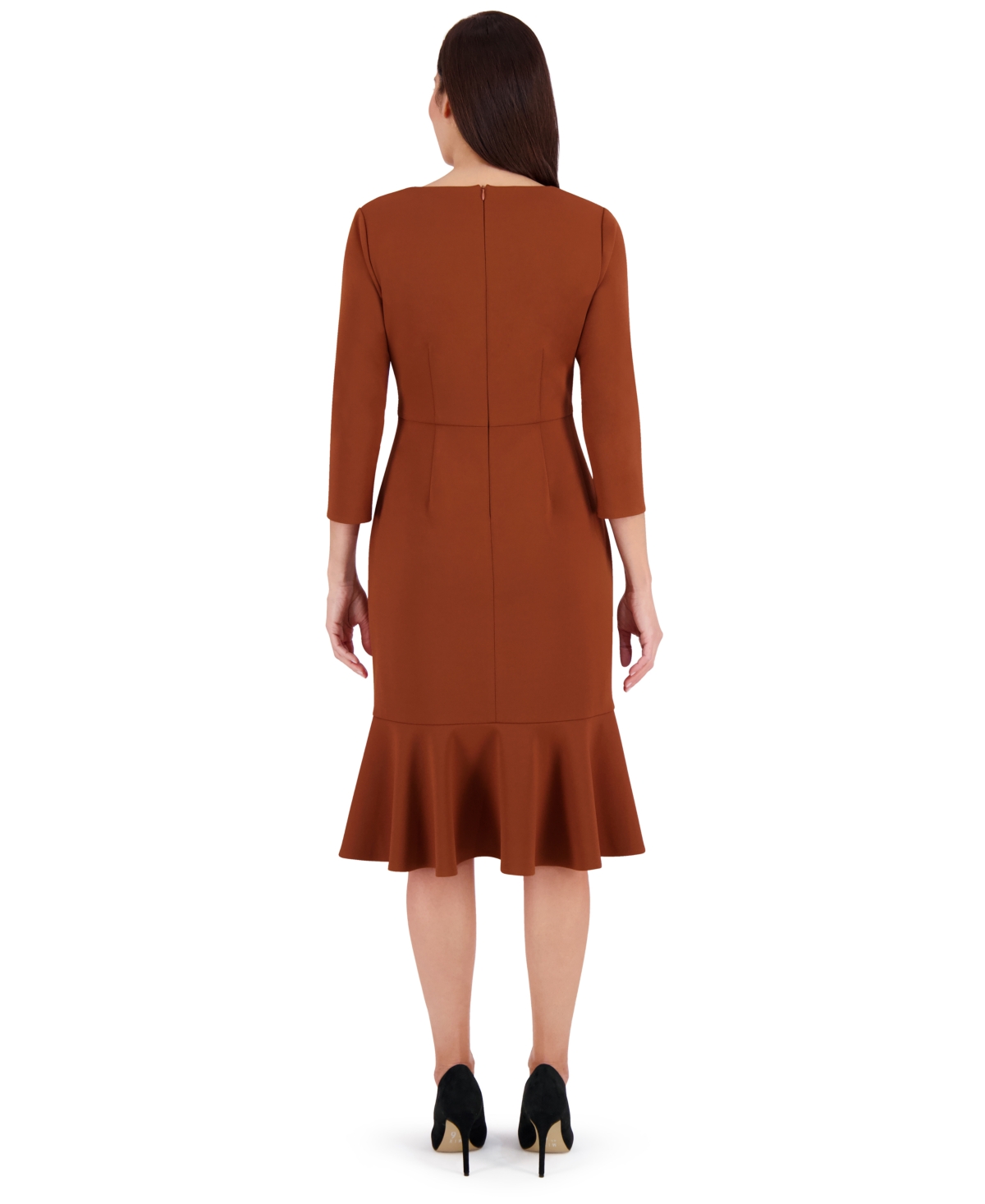 London Times Petite Side-knit 3/4-sleeve Midi Dress In Brown