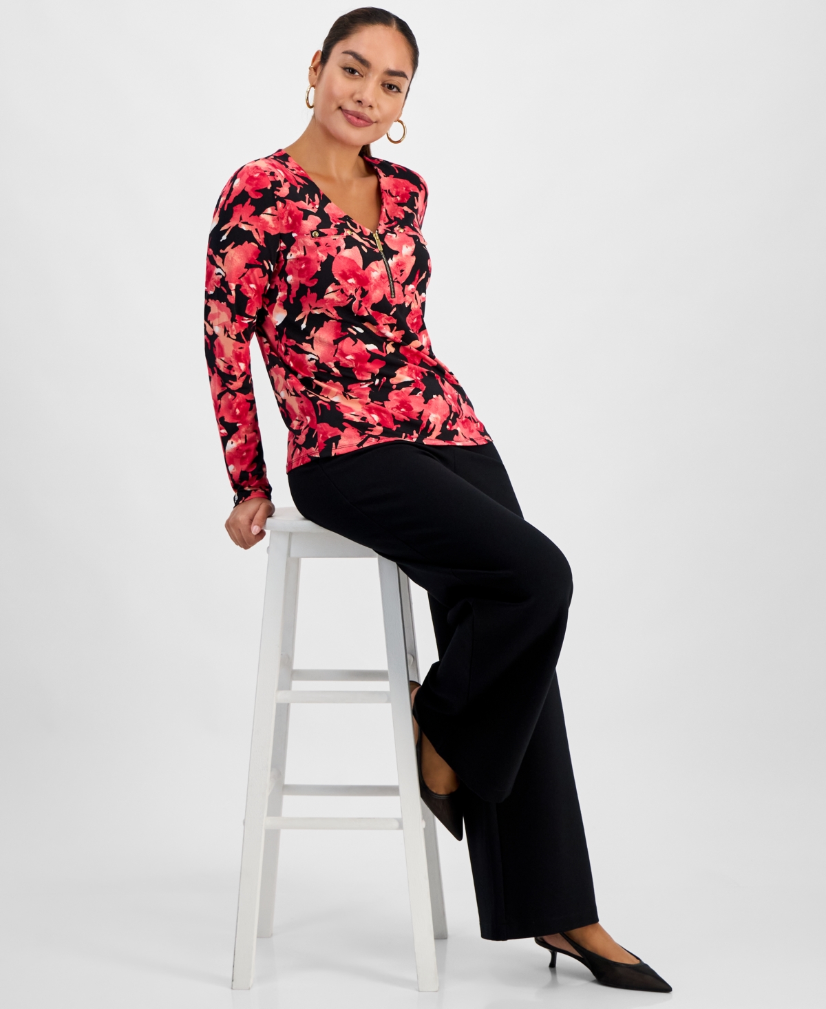 Inc International Concepts Petite Printed Zip-front Top, Macy's Exclusive In Multi