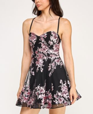 Juniors' Floral Embroidered Fit and Flare Dress